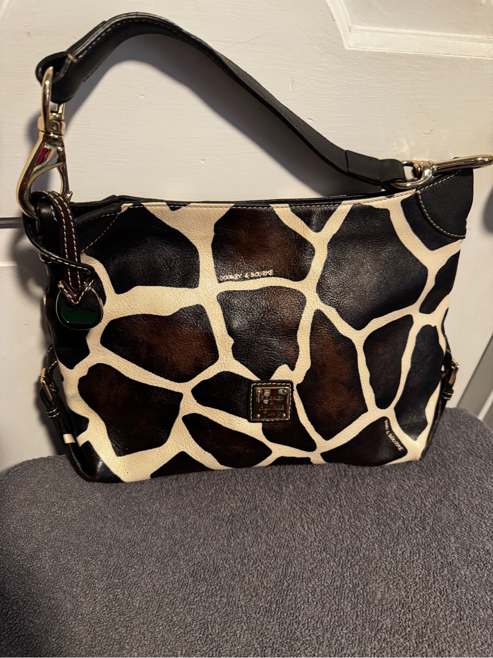 Dooney & Bourke Black and Cream Giraffe-Print Leather Shoulder Bag